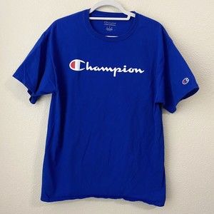 Champion Mens Shirt Large Blue Spellout Short Sleeve Logo